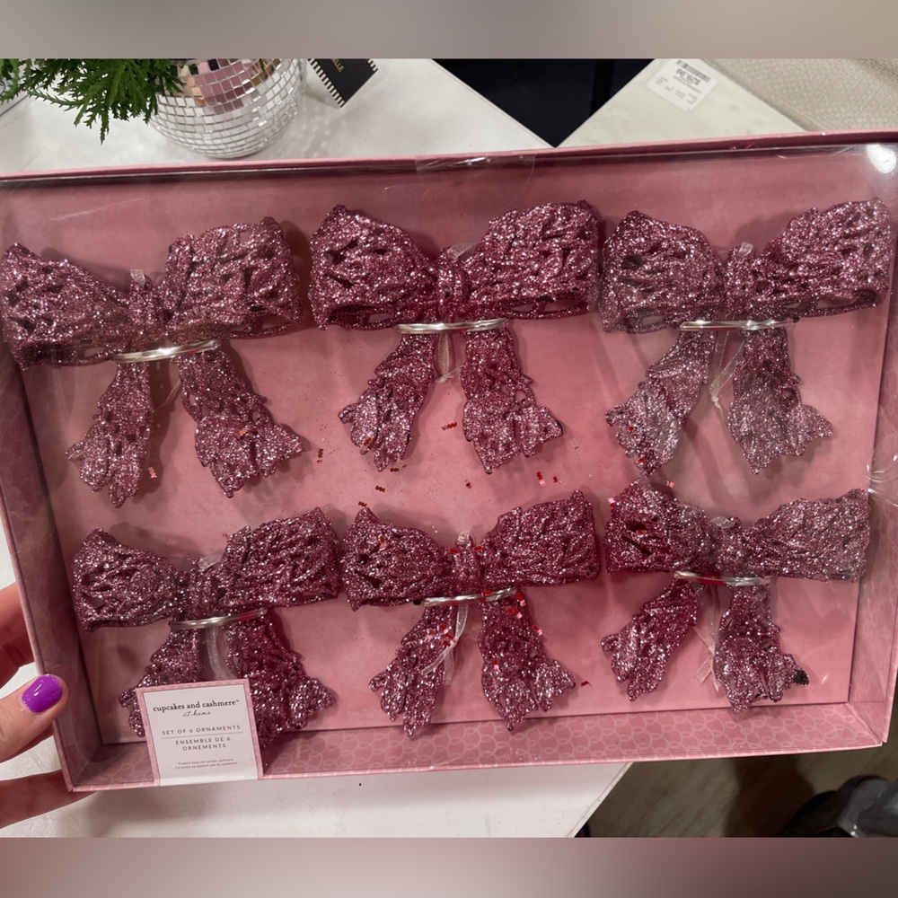 Pink Christmas Bow Ribbon Tree Ornaments, set of 6 Cupcakes & Cashmere NWT